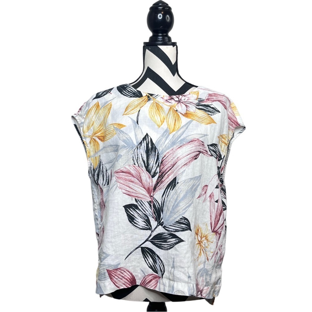 C&C California Botanical Leaf Sz M Tropical 100% Linen Lightweight Blouse